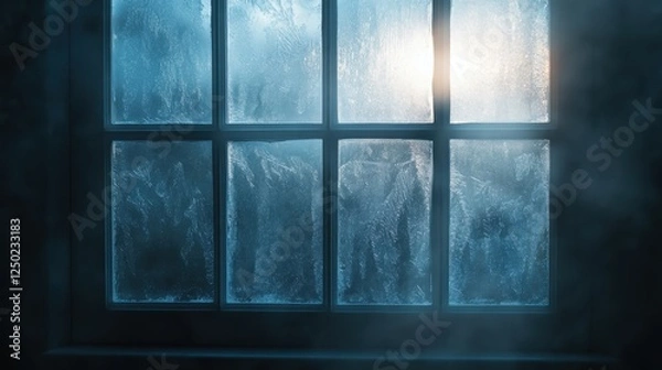 Fototapeta Frosty Window Pane Abstract Ice Patterns with Subtle Sunlight