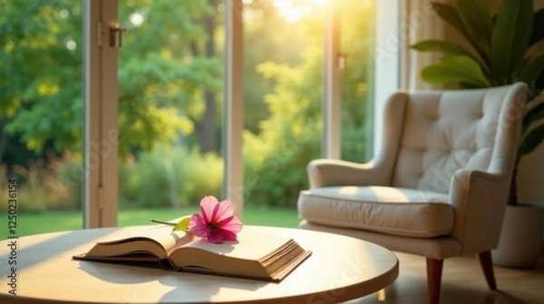 Obraz Peaceful morning sunlight illuminates open book and flower on table near armchair
