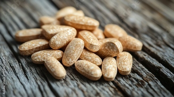 Fototapeta Close-up of dietary supplements on rustic wooden surface.