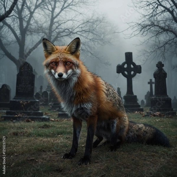 Obraz "A gothic-style fox with black fur and red eyes, standing in a haunted, foggy graveyard."