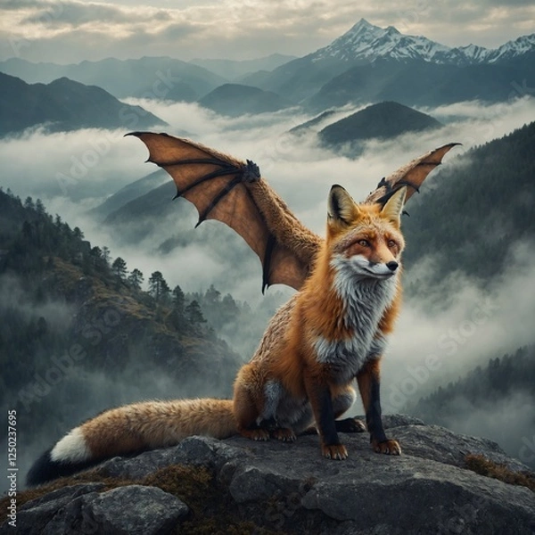 Obraz "A fantasy-themed fox with dragon-like wings, soaring over a misty mountain landscape."