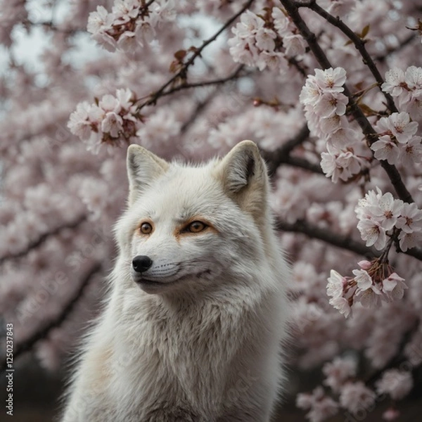 Obraz "A majestic white fox standing under cherry blossoms, petals gently falling around it."