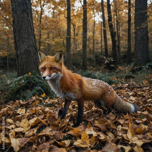 Obraz "A fox covered in autumn leaves, blending seamlessly into the forest floor."