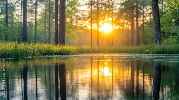 Fototapeta Serene sunset reflecting on a tranquil pond surrounded by lush trees in a peaceful forest