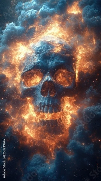 Fototapeta Fiery skull emerging from swirling clouds of smoke and flames, depicting a dramatic scene