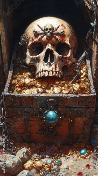 Fototapeta A detailed treasure chest overflowing with gold coins and a skull, set in a dimly lit environment