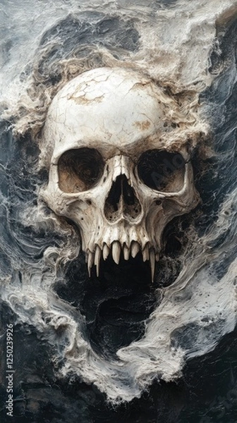 Fototapeta A haunting skull surrounded by swirling mist, creating an eerie atmosphere for horror themes
