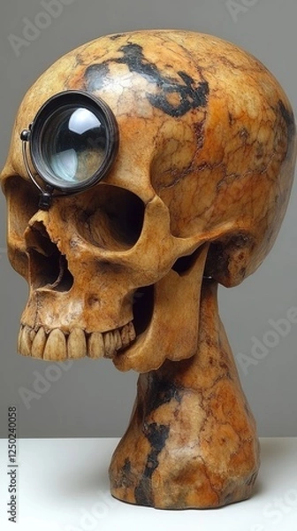 Fototapeta A detailed carved stone skull sculpture with a large lens mounted on its forehead, showcasing artistry