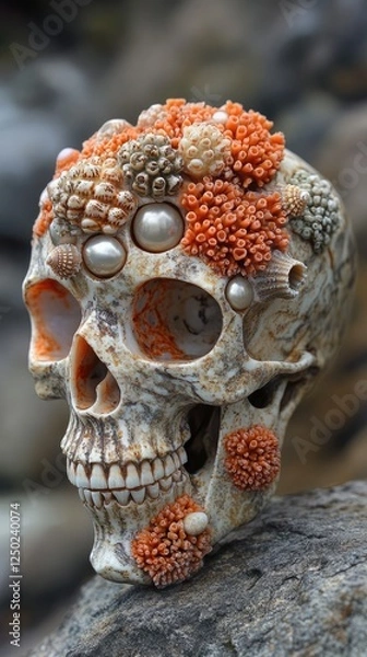 Fototapeta Intricate skull adorned with vibrant coral-like structures resting on a rocky surface