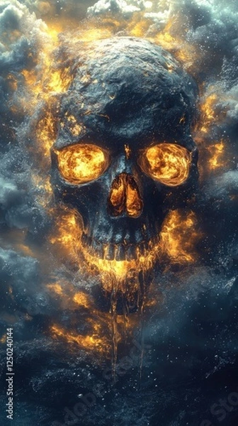 Fototapeta Fiery skull emerging from dark clouds, symbolizing destruction and chaos in a surreal landscape