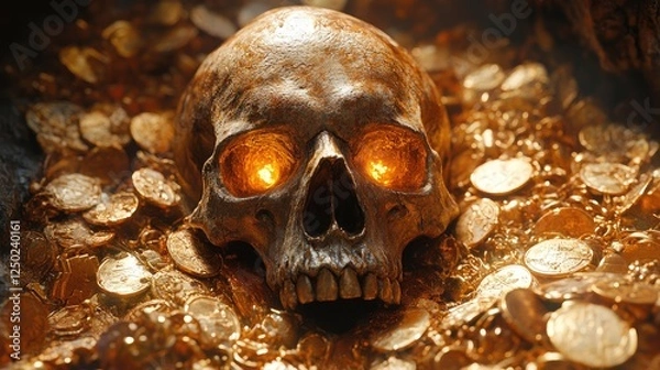 Fototapeta A gleaming skull with glowing eyes rests atop a pile of shimmering gold coins in a dimly lit cavern
