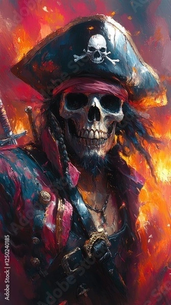Fototapeta Fearsome pirate skull with fiery background, showcasing adventure and danger on the high seas