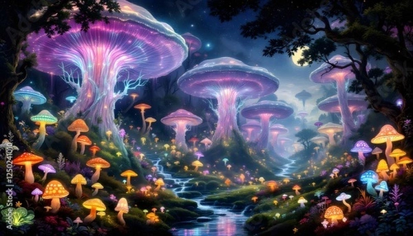 Fototapeta Enchanted Glowing Mushroom Forest at Night