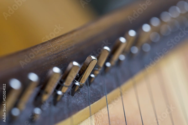 Fototapeta A close up shot of strings. The instrument is a very old kantele which is a traditional Finnish instrument.