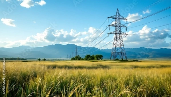 Fototapeta Golden Field Power Lines: Serene Landscape with Transmission Towers