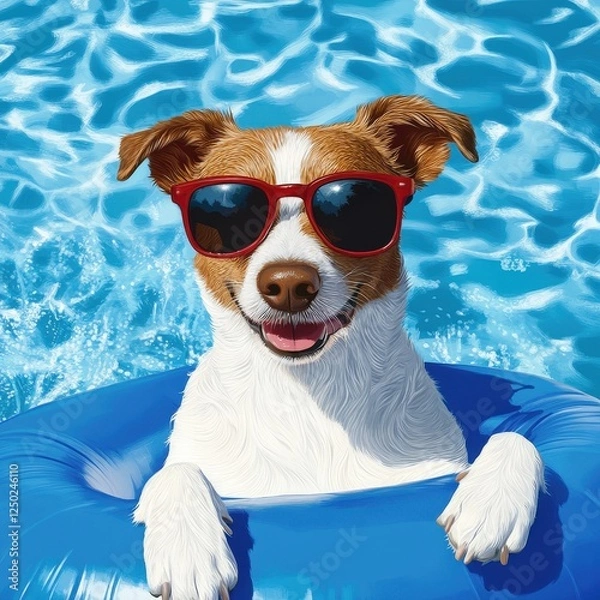 Fototapeta dog wearing red sunglasses enjoys floating in blue inner tube on sunny day. water sparkles around happy dog, creating joyful and playful atmosphere