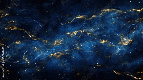 Fototapeta Celestial Nebula Abstract Background with Glowing Gold Veins and Sparkling Stars in Deep Blue
