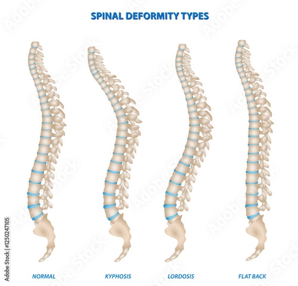 Fototapeta Set illustration of four spinal deformity types: normal spine, kyphosis, lordosis, and flat back. The image highlights the differences in curvature and alignment of the spine, providing a clear visual