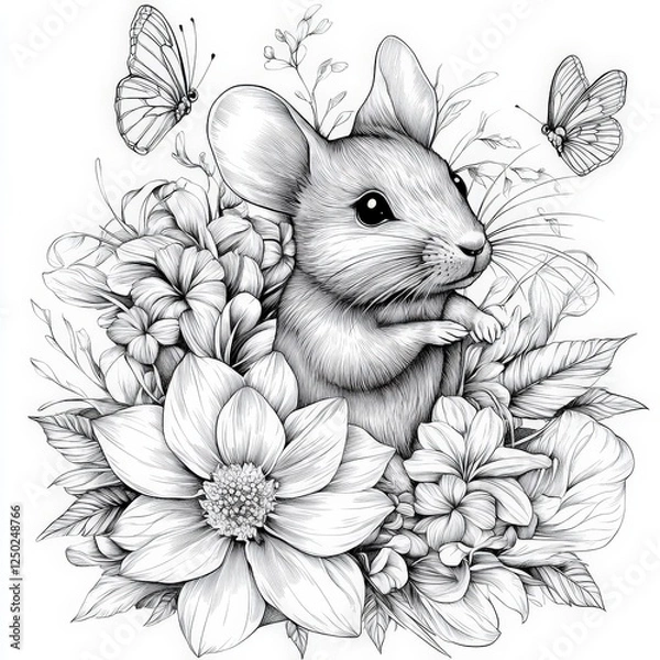 Fototapeta cute mouse surrounded by intricate floral designs and butterflies, perfect for adult coloring books, showcasing detailed line art and nature inspired elements