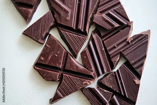 Fototapeta A geometric flat lay of dark chocolate bars cut into various angular shapes, arranged on a white surface.