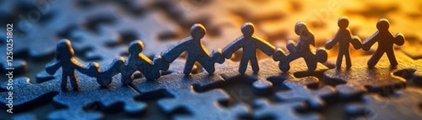 Obraz Figures standing on interlocking puzzle pieces, building bridges across gaps, representing teamwork and cooperation This powerful image symbolizes unity, trust, and collaboration It depicts a group