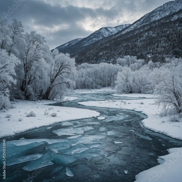 Obraz A frozen river winding through a snowy mountain landscape, with ice-covered trees along the banks.