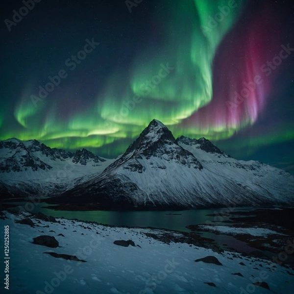 Obraz A night-time snowy mountain scene, with a glowing aurora borealis illuminating the sky.