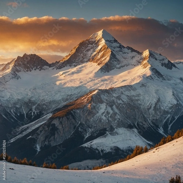 Obraz A majestic snowy mountain range at sunrise, with golden light reflecting off the icy peaks.