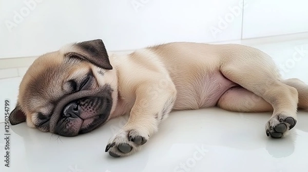 Fototapeta Beautiful cute little pug on white background
