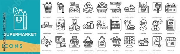 Fototapeta Supermarket icon set. Shopping Cart, Grocery Bag, Checkout Counter, Price Tag, Fresh Produce, Deli Counter and Bakery Section