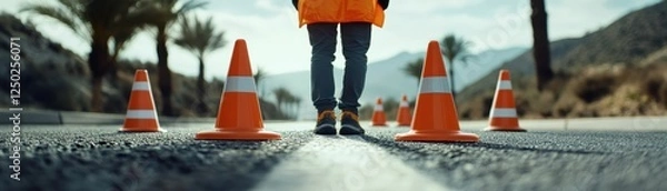 Obraz Highway Safety Measures Depiction of a construction worker placing safety cones meticulously along a highway, wearing a high-visibility vest, as part of ongoing infrastructure maintenance