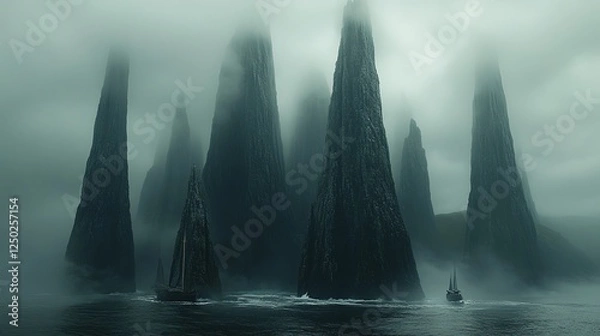 Fototapeta Mysterious foggy seascape with towering rock formations and a sailboat navigating through