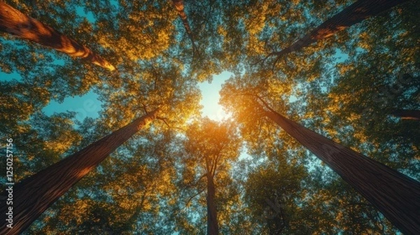 Fototapeta Sunlight filtering through tall trees in a vibrant forest, creating a serene and peaceful atmosphere