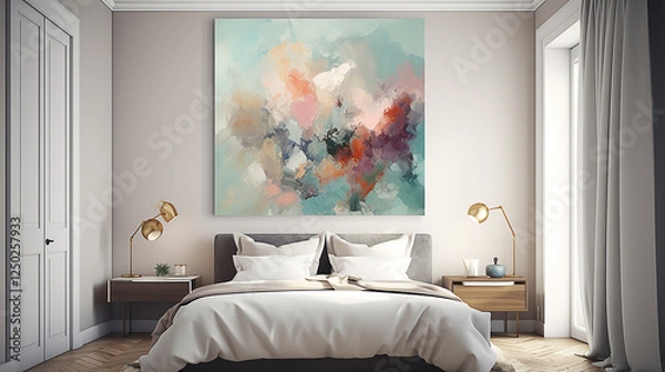 Fototapeta Abstract art piece in light-filled bedroom