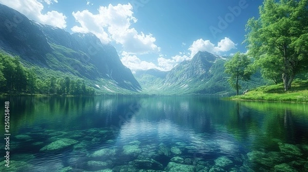 Obraz Serene mountain landscape reflecting in a tranquil lake under a bright blue sky with clouds