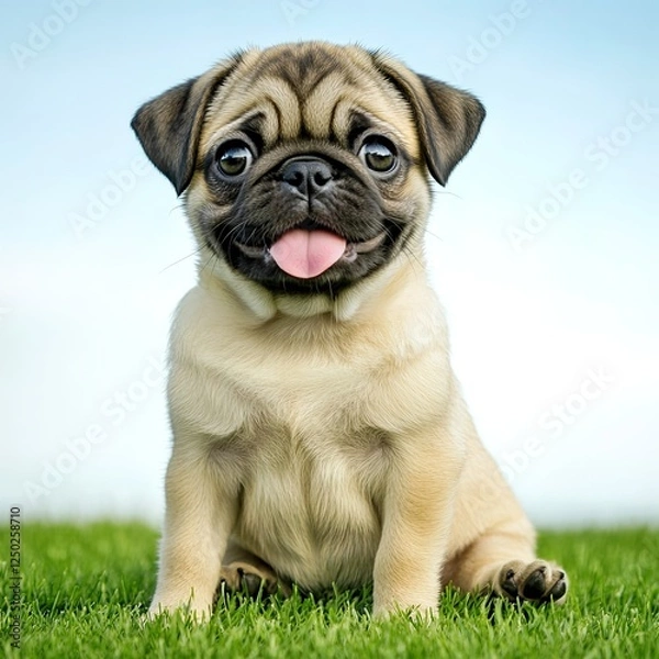Fototapeta Beautiful cute little pug on white background

