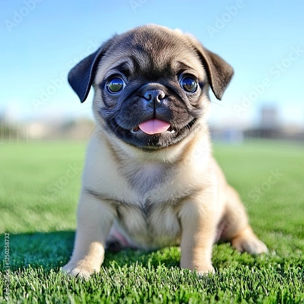 Fototapeta Beautiful cute little pug on white background
