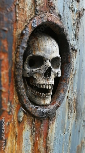 Obraz A weathered skull peering through a rusty porthole, surrounded by corroded metal textures