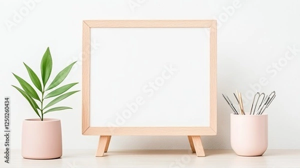 Fototapeta Minimalist workspace featuring a blank frame, potted plant, and stationery on a light surface