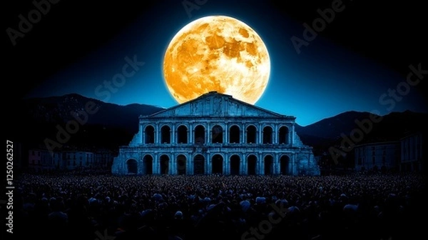 Fototapeta Majestic Night Scene of an Ancient Amphitheater Under a Full Moon with a Crowd in Front, Illuminated by a Bright Lunar Glow