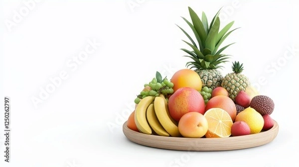 Fototapeta Colorful Fresh Fruits on Rustic Wooden Tray Against White Background