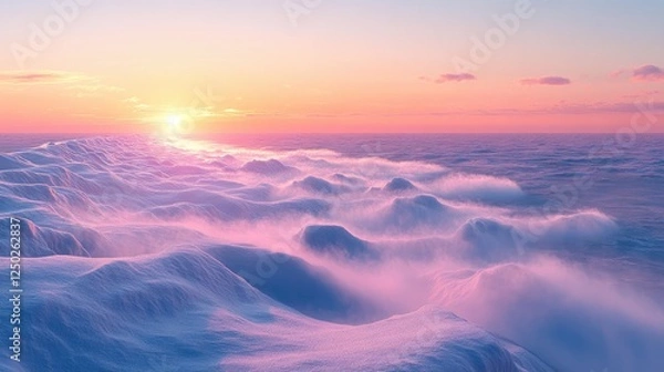 Obraz Serene sunrise over snow-covered waves, showcasing a tranquil winter landscape at dawn