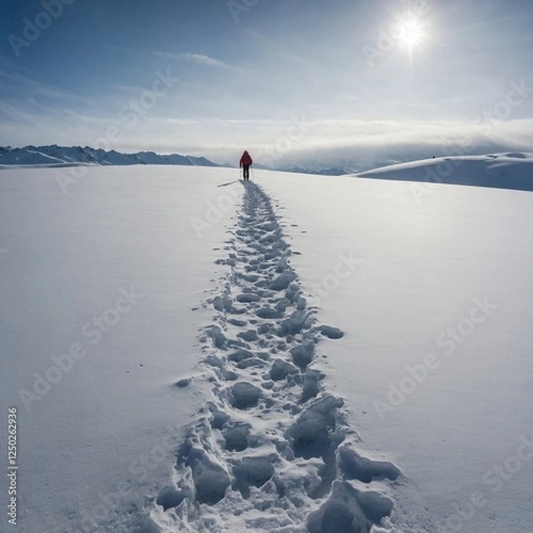 Obraz A lone traveler trekking through deep snow, leaving footprints in the white expanse.