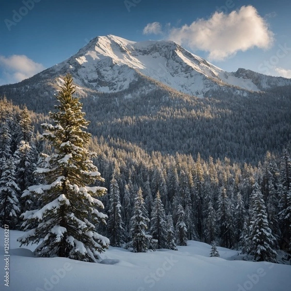 Obraz A dense pine forest at the base of a towering snowy peak, dusted with fresh snow.