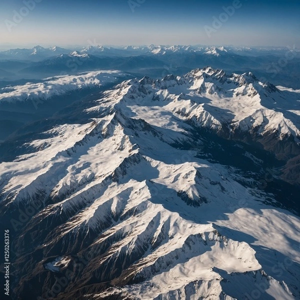 Obraz A breathtaking aerial view of a snow-covered mountain range, stretching endlessly into the horizon.