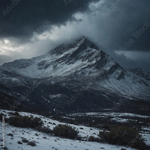 Obraz A dramatic winter storm rolling over a rugged mountain landscape, with dark clouds and heavy snowfall.