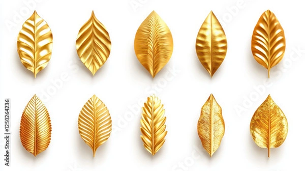 Obraz Stunning collection of golden leaves arranged on a white background, perfect for elegant design projects. Ideal for seasonal themes and luxury aesthetics