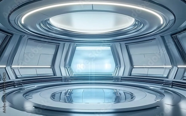 Fototapeta Futuristic Round Room with Sleek Silver Design and Illuminated Ceiling in a Hi-Tech Environment