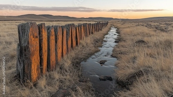 Obraz Sunset over a serene landscape featuring weathered wooden posts along a flowing stream