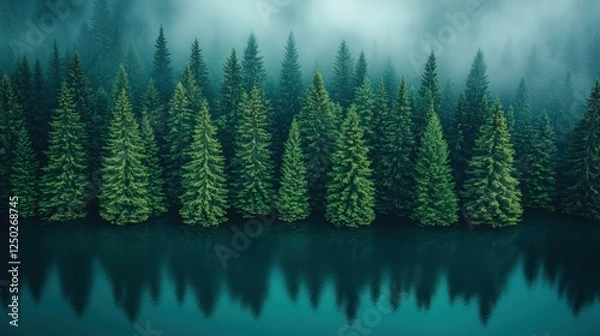 Obraz Lush evergreen forest reflecting in tranquil waters under a misty sky at dawn